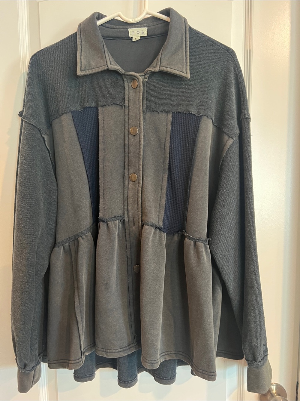 POL Button-Front Peplum Jacket - variations of Charcoal colors